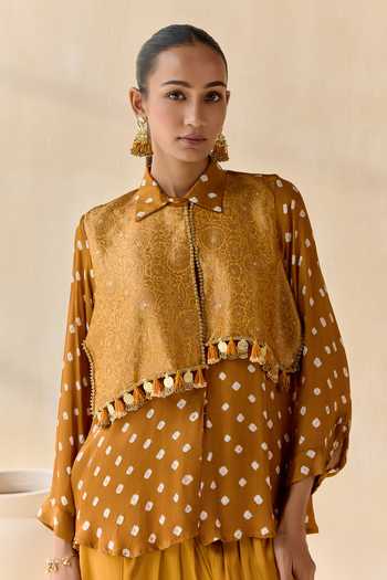 Shop_5elements_Mustard Satin, Modal Collared Neck Pavitra Bandhani Pattern Kurta Set 