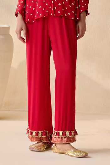 Buy_5elements_Red Satin, Modal Collared Neck, Yes Pavitra Bandhani Pattern Kurta Set _Online_at_Aza_Fashions