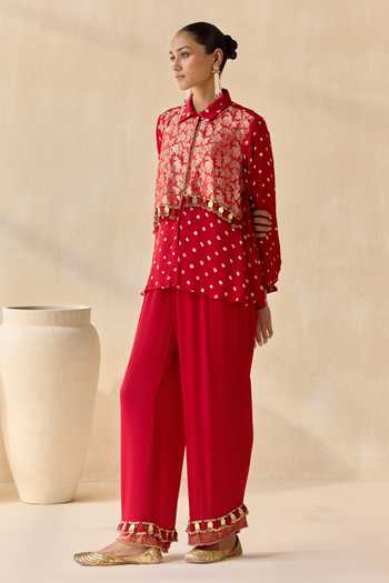 Shop_5elements_Red Satin, Modal Collared Neck, Yes Pavitra Bandhani Pattern Kurta Set _Online_at_Aza_Fashions