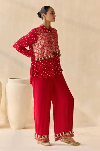 5elements_Red Satin, Modal Collared Neck, Yes Pavitra Bandhani Pattern Kurta Set _at_Aza_Fashions