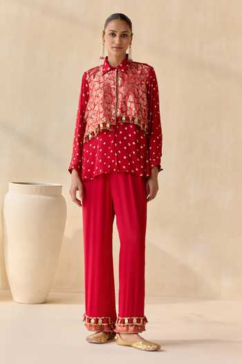 Buy_5elements_Red Satin, Modal Collared Neck, Yes Pavitra Bandhani Pattern Kurta Set 