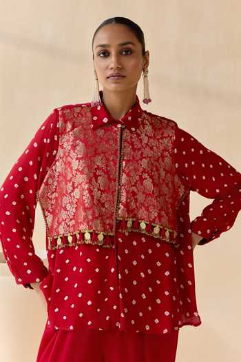 Shop_5elements_Red Satin, Modal Collared Neck, Yes Pavitra Bandhani Pattern Kurta Set 