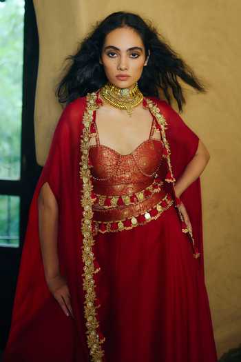 5elements Red Satin, Modal Sweetheart Neck Aishani Embroidered Cape Lehenga Set Online at Aza Fashions 5elements_Red Satin, Modal Sweetheart Neck Aishani Embroidered Cape Lehenga Set _Online_at_Aza_Fashions