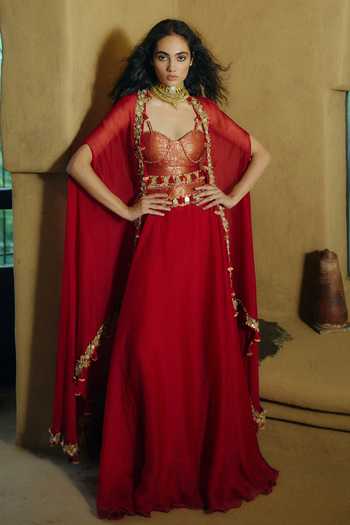 5elements Aishani Embroidered Cape Lehenga Set 