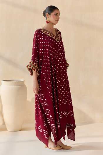 Buy_5elements_Maroon Modal, Satin V-neck Daksha Polka Dot Pattern Kaftan Set _Online_at_Aza_Fashions
