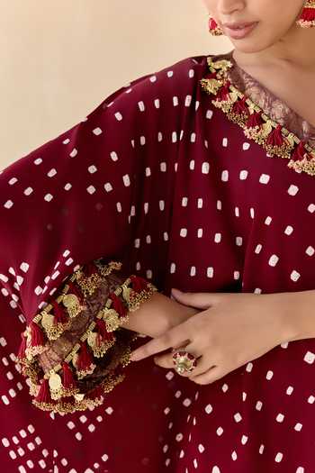 5elements_Maroon Modal, Satin V-neck Daksha Polka Dot Pattern Kaftan Set _at_Aza_Fashions