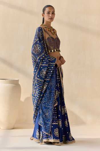 5elements Blue Modal, Satin Sweetheart Neck Neelambara Lacha Embroidered Lehenga Set Online at Aza Fashions 5elements_Blue Modal, Satin Sweetheart Neck Neelambara Lacha Embroidered Lehenga Set _Online_at_Aza_Fashions
