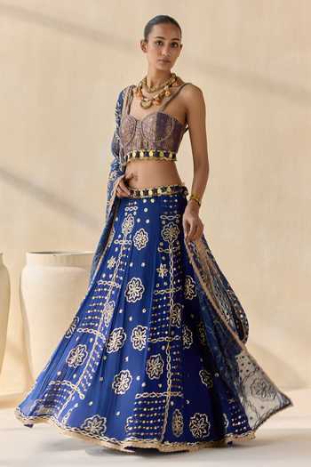 Buy 5elements Blue Modal, Satin Sweetheart Neck Neelambara Lacha Embroidered Lehenga Set Online at Aza Fashions Buy_5elements_Blue Modal, Satin Sweetheart Neck Neelambara Lacha Embroidered Lehenga Set _Online_at_Aza_Fashions