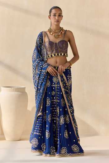 Shop 5elements Blue Modal, Satin Sweetheart Neck Neelambara Lacha Embroidered Lehenga Set Online at Aza Fashions Shop_5elements_Blue Modal, Satin Sweetheart Neck Neelambara Lacha Embroidered Lehenga Set _Online_at_Aza_Fashions