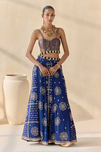 5elements Blue Modal, Satin Sweetheart Neck Neelambara Lacha Embroidered Lehenga Set at Aza Fashions 5elements_Blue Modal, Satin Sweetheart Neck Neelambara Lacha Embroidered Lehenga Set _at_Aza_Fashions