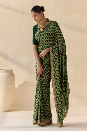 5elements_Green Satin, Modal Round Neck Haritrekha Geometric Pattern Saree With Blouse _Online_at_Aza_Fashions