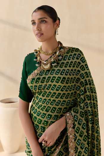 Shop_5elements_Green Satin, Modal Round Neck Haritrekha Geometric Pattern Saree With Blouse _Online_at_Aza_Fashions