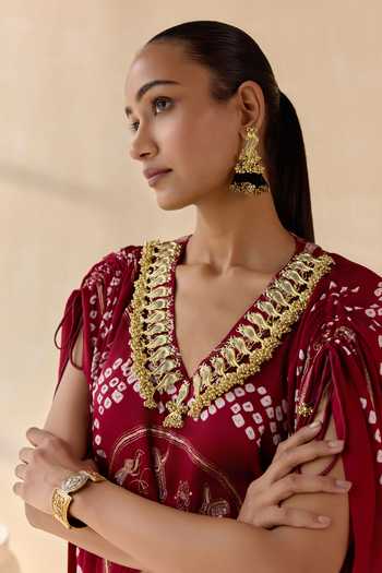 Shop 5elements Maroon Satin, Modal V-neck Neelanshi Bandhani Kaftan Online at Aza Fashions Shop_5elements_Maroon Satin, Modal V-neck Neelanshi Bandhani Kaftan _Online_at_Aza_Fashions