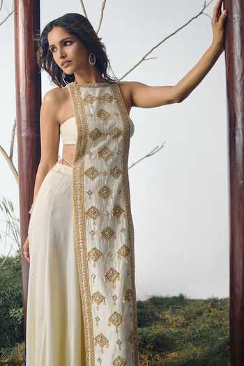 House of arshiyaa Ivory Silk, Chiffon Motif Embroidered Cape Sharara Set Online at Aza Fashions House of arshiyaa_Ivory Silk, Chiffon Motif Embroidered Cape Sharara Set _Online_at_Aza_Fashions