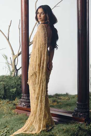 House of arshiyaa Gold Chantilly, Lace One Shoulder Embellished Pre-draped Saree Set Online at Aza Fashions House of arshiyaa_Gold Chantilly, Lace One Shoulder Embellished Pre-draped Saree Set _Online_at_Aza_Fashions