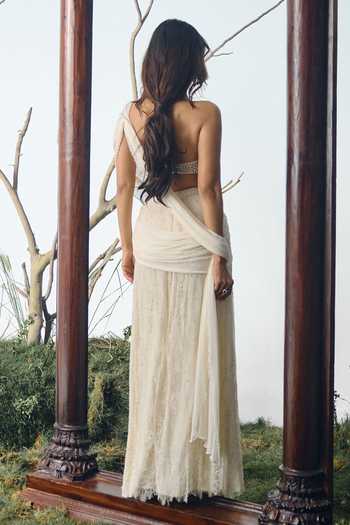 House of arshiyaa Chantilly Lace Chiffon Pre-Draped Saree & Blouse Set 