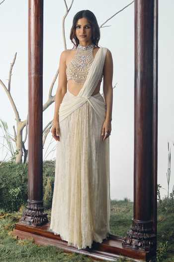 Buy House of arshiyaa Ivory Chiffon, Chantilly Halter Neck Lace Pre-draped Saree And Blouse Set Online at Aza Fashions Buy_House of arshiyaa_Ivory Chiffon, Chantilly Halter Neck Lace Pre-draped Saree And Blouse Set _Online_at_Aza_Fashions