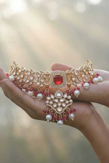Tussya Gold Plated Stone Work Necklace And Earrings Set Online at Aza Fashions Tussya_Gold Plated Stone Work Necklace And Earrings Set _Online_at_Aza_Fashions