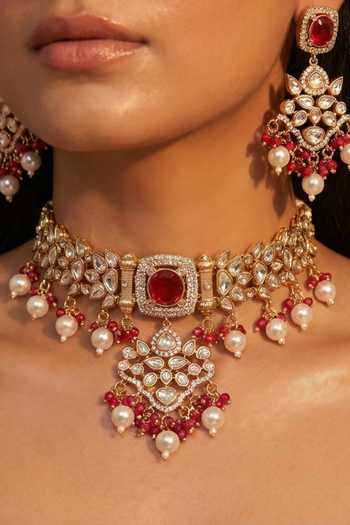Shop Tussya Gold Plated Stone Work Necklace And Earrings Set Online at Aza Fashions Shop_Tussya_Gold Plated Stone Work Necklace And Earrings Set _Online_at_Aza_Fashions