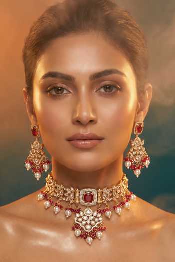 Tussya Gold Plated Stone Work Necklace And Earrings Set at Aza Fashions Tussya_Gold Plated Stone Work Necklace And Earrings Set _at_Aza_Fashions