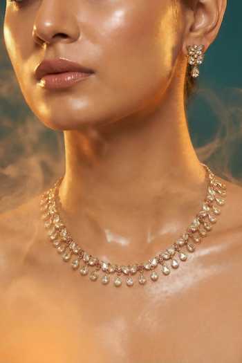 Tussya_Gold Plated Kundan Stone Drop Necklace And Earrings Set  _Online_at_Aza_Fashions