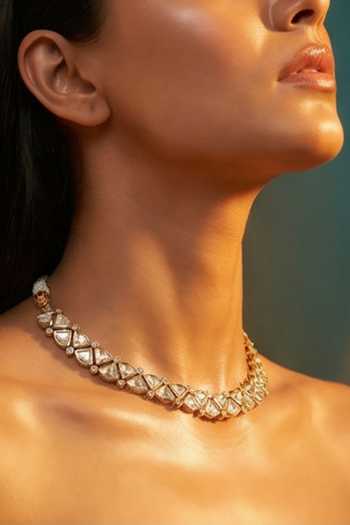 Tussya_Gold Plated Kundan And Stone Work Necklace Set _Online_at_Aza_Fashions