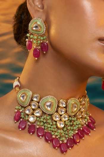 Shop Tussya Green Kundan Necklace And Earrings Set Online at Aza Fashions Shop_Tussya_Green Kundan Necklace And Earrings Set _Online_at_Aza_Fashions