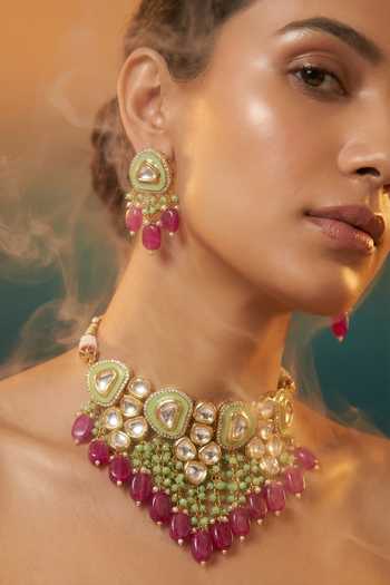 Tussya Green Kundan Necklace And Earrings Set at Aza Fashions Tussya_Green Kundan Necklace And Earrings Set _at_Aza_Fashions