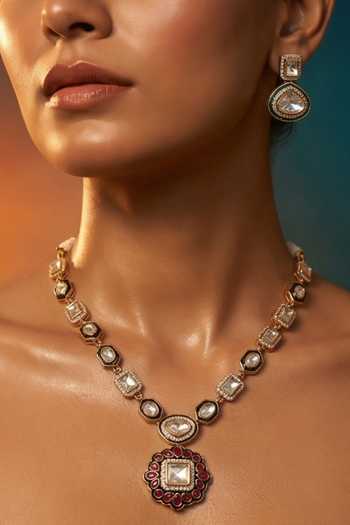 Shop_Tussya_Gold Plated Floret Pendant Necklace And Earrings Set _Online_at_Aza_Fashions