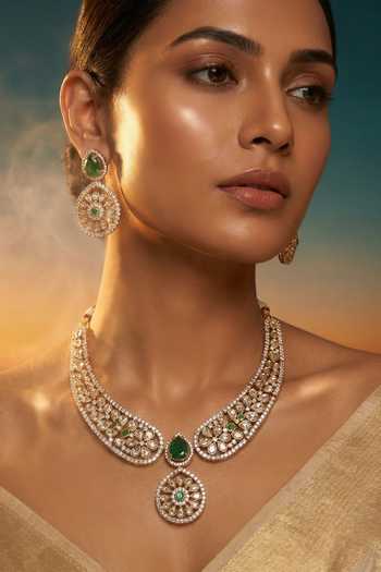 Tussya Gold Plated Contrast Stone Necklace And Earrings Set at Aza Fashions Tussya_Gold Plated Contrast Stone Necklace And Earrings Set _at_Aza_Fashions