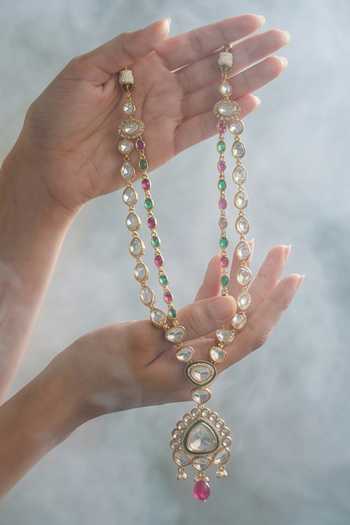 Tussya Gold Plated Stone Embellished Pendant Long Necklace Set Online at Aza Fashions Tussya_Gold Plated Stone Embellished Pendant Long Necklace Set _Online_at_Aza_Fashions