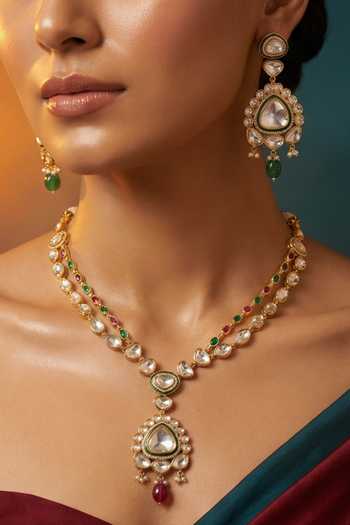 Shop Tussya Gold Plated Stone Embellished Pendant Long Necklace Set Online at Aza Fashions Shop_Tussya_Gold Plated Stone Embellished Pendant Long Necklace Set _Online_at_Aza_Fashions
