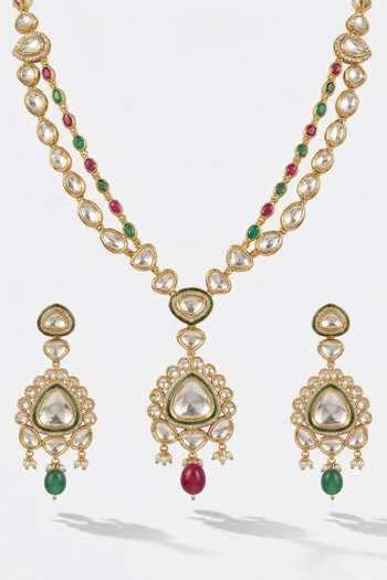 Tussya Stone Embellished Pendant Long Necklace Set 