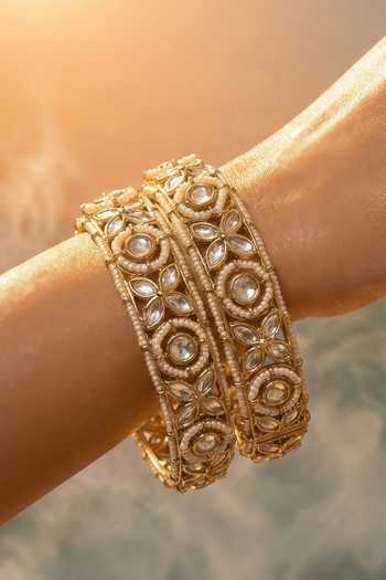 Tussya_Gold Plated Kundan Carved Bangles - Set Of 2  _Online_at_Aza_Fashions