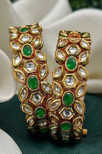 Tussya Gold Plated Kundan Floral Carved Bangles - Set Of 2 Online at Aza Fashions Tussya_Gold Plated Kundan Floral Carved Bangles - Set Of 2 _Online_at_Aza_Fashions