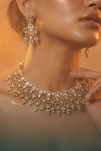 Tussya Gold Plated Layered Kundan Necklace And Earrings Set Online at Aza Fashions Tussya_Gold Plated Layered Kundan Necklace And Earrings Set _Online_at_Aza_Fashions