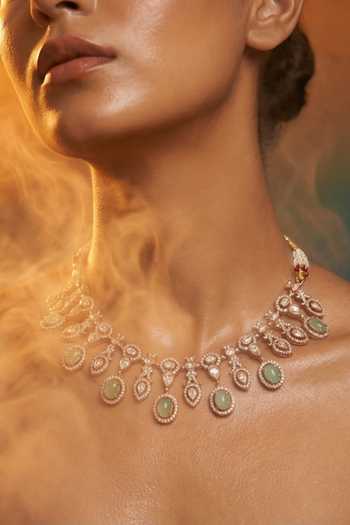 Shop Tussya Gold Plated Stone Drop Necklace And Earrings Set Online at Aza Fashions Shop_Tussya_Gold Plated Stone Drop Necklace And Earrings Set _Online_at_Aza_Fashions