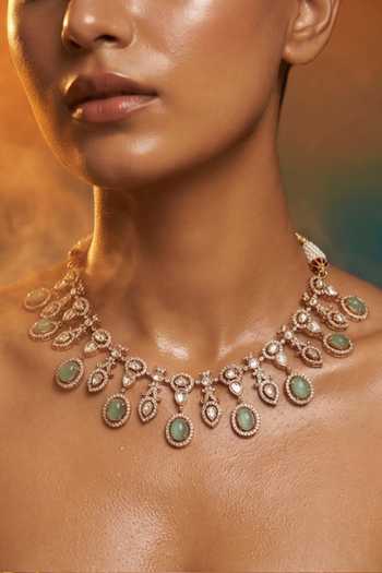 Tussya Gold Plated Stone Drop Necklace And Earrings Set at Aza Fashions Tussya_Gold Plated Stone Drop Necklace And Earrings Set _at_Aza_Fashions