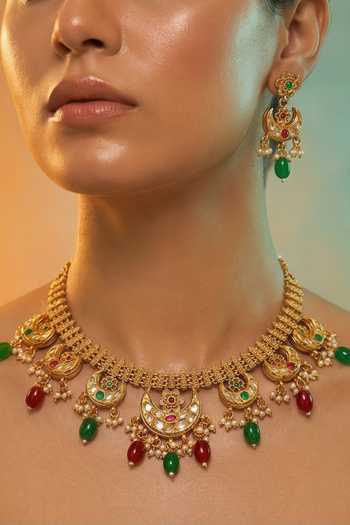 Tussya Gold Plated Crescent Moon Motif Necklace And Earring Set Online at Aza Fashions Tussya_Gold Plated Crescent Moon Motif Necklace And Earring Set _Online_at_Aza_Fashions