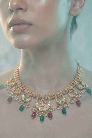 Shop Tussya Gold Plated Crescent Moon Motif Necklace And Earring Set Online at Aza Fashions Shop_Tussya_Gold Plated Crescent Moon Motif Necklace And Earring Set _Online_at_Aza_Fashions