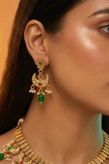 Tussya Gold Plated Crescent Moon Motif Necklace And Earring Set at Aza Fashions Tussya_Gold Plated Crescent Moon Motif Necklace And Earring Set _at_Aza_Fashions