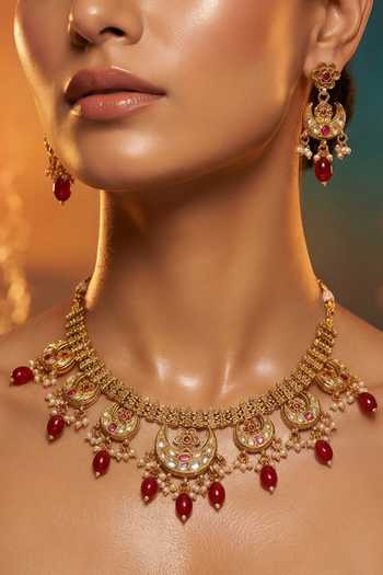 Shop Tussya Gold Plated Carved Motif Necklace And Earrings Set Online at Aza Fashions Shop_Tussya_Gold Plated Carved Motif Necklace And Earrings Set _Online_at_Aza_Fashions