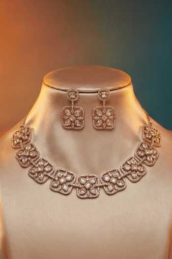 Shop Tussya Gold Plated Floral Carved Necklace And Earrings Set Online at Aza Fashions Shop_Tussya_Gold Plated Floral Carved Necklace And Earrings Set _Online_at_Aza_Fashions