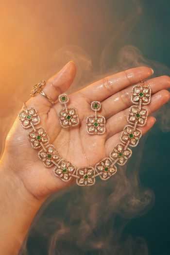 Tussya Gold Plated Floral Carved Necklace And Earrings Set Online at Aza Fashions Tussya_Gold Plated Floral Carved Necklace And Earrings Set _Online_at_Aza_Fashions