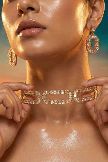 Tussya Gold Plated Crystal Link Necklace And Earrings Set Online at Aza Fashions Tussya_Gold Plated Crystal Link Necklace And Earrings Set _Online_at_Aza_Fashions