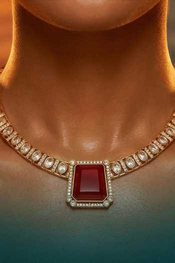 Shop Tussya Gold Plated Kundan Stone Pendant Necklace And Earrings Set Online at Aza Fashions Shop_Tussya_Gold Plated Kundan Stone Pendant Necklace And Earrings Set _Online_at_Aza_Fashions