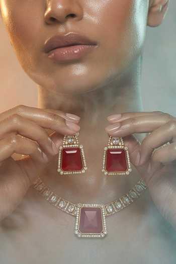 Tussya Gold Plated Kundan Stone Pendant Necklace And Earrings Set at Aza Fashions Tussya_Gold Plated Kundan Stone Pendant Necklace And Earrings Set _at_Aza_Fashions