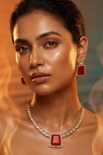 Shop Tussya Gold Plated Kundan Stone Pendant Necklace And Earrings Set Shop_Tussya_Gold Plated Kundan Stone Pendant Necklace And Earrings Set