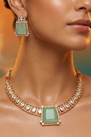Shop Tussya Gold Plated Stone Accent Necklace And Earrings Set Online at Aza Fashions Shop_Tussya_Gold Plated Stone Accent Necklace And Earrings Set _Online_at_Aza_Fashions