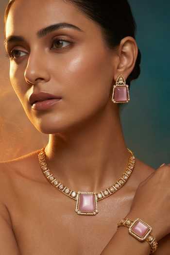 Shop Tussya Gold Plated Stone Drop Necklace And Earrings Set Online at Aza Fashions Shop_Tussya_Gold Plated Stone Drop Necklace And Earrings Set _Online_at_Aza_Fashions
